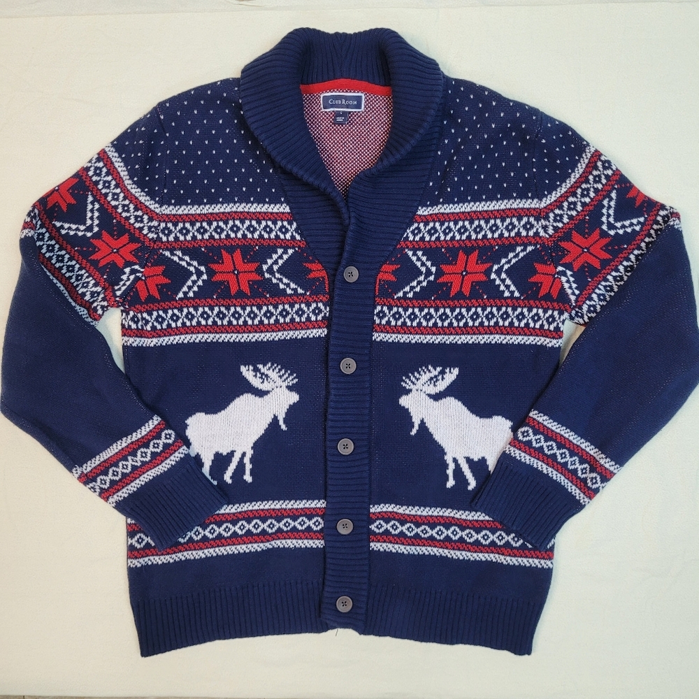 Club Room Men's Large Novelty Moose Cardigan Blue Red Ugly Sweater Holiday Party